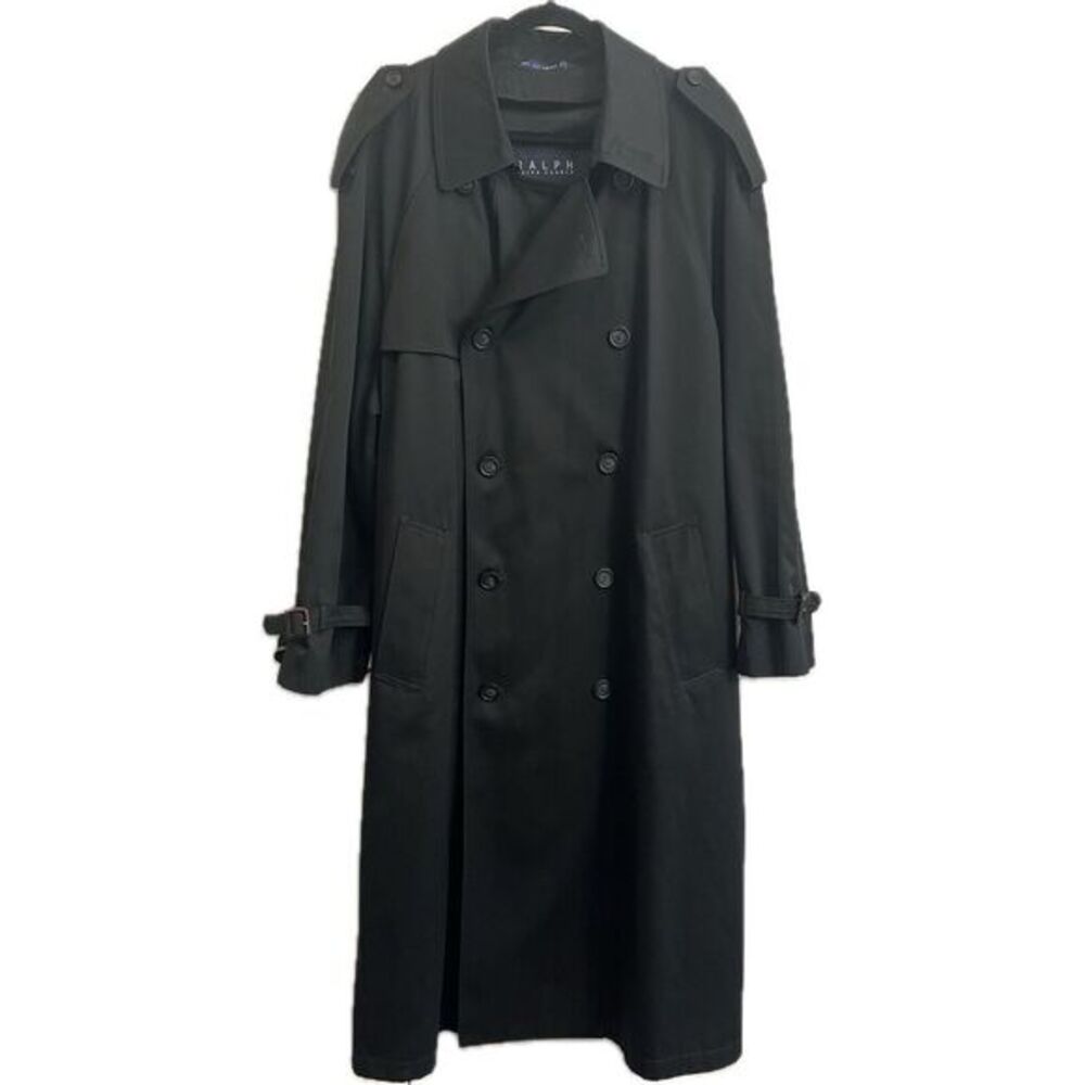Vtg Ralph Lauren Blue Label Trench Coat Men 44R Black Double Breasted Belt Lined